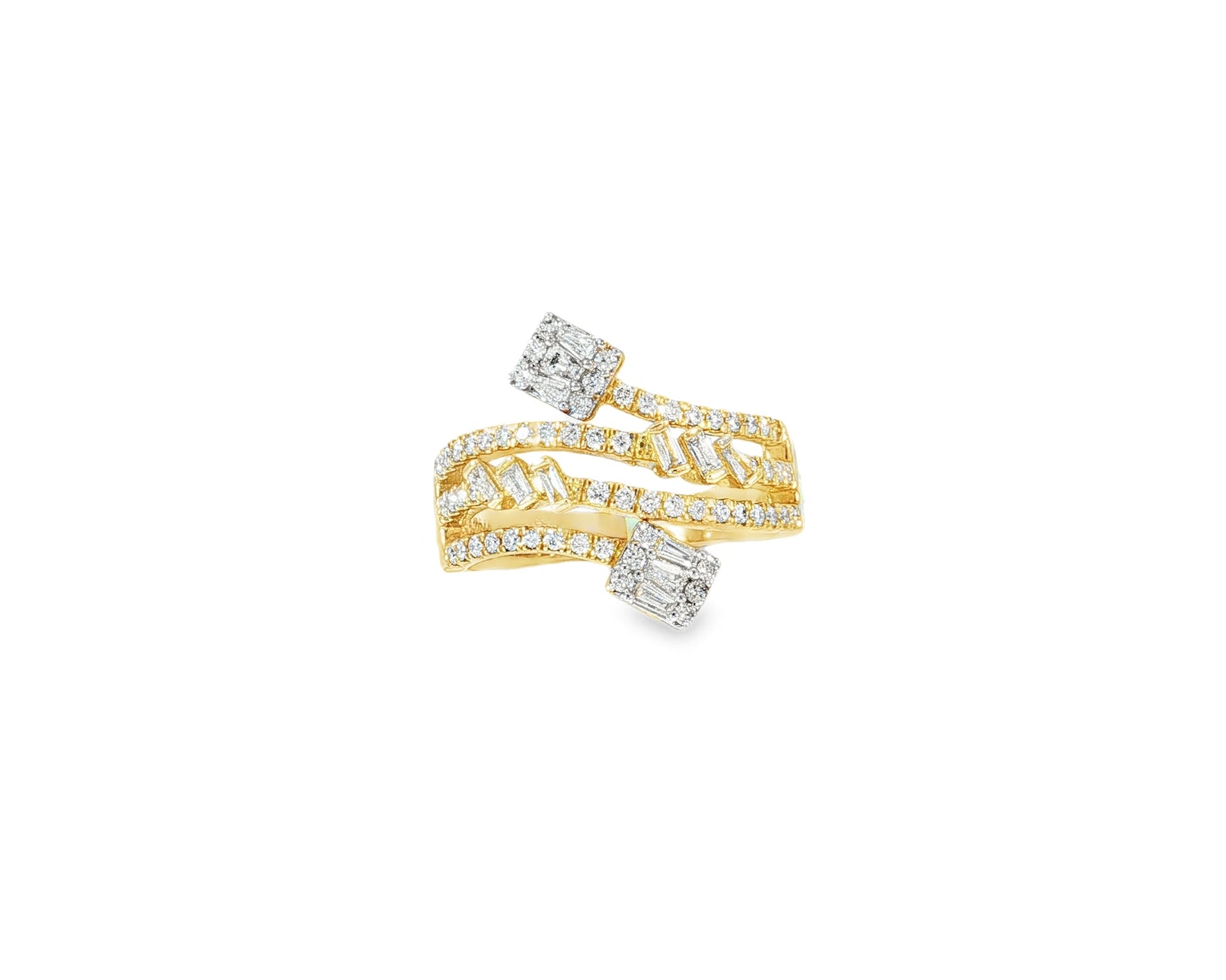 14k Gold Diamond Bypass Ring with Square Cluster & Baguette 0.75ct - AVI THE JEWELER