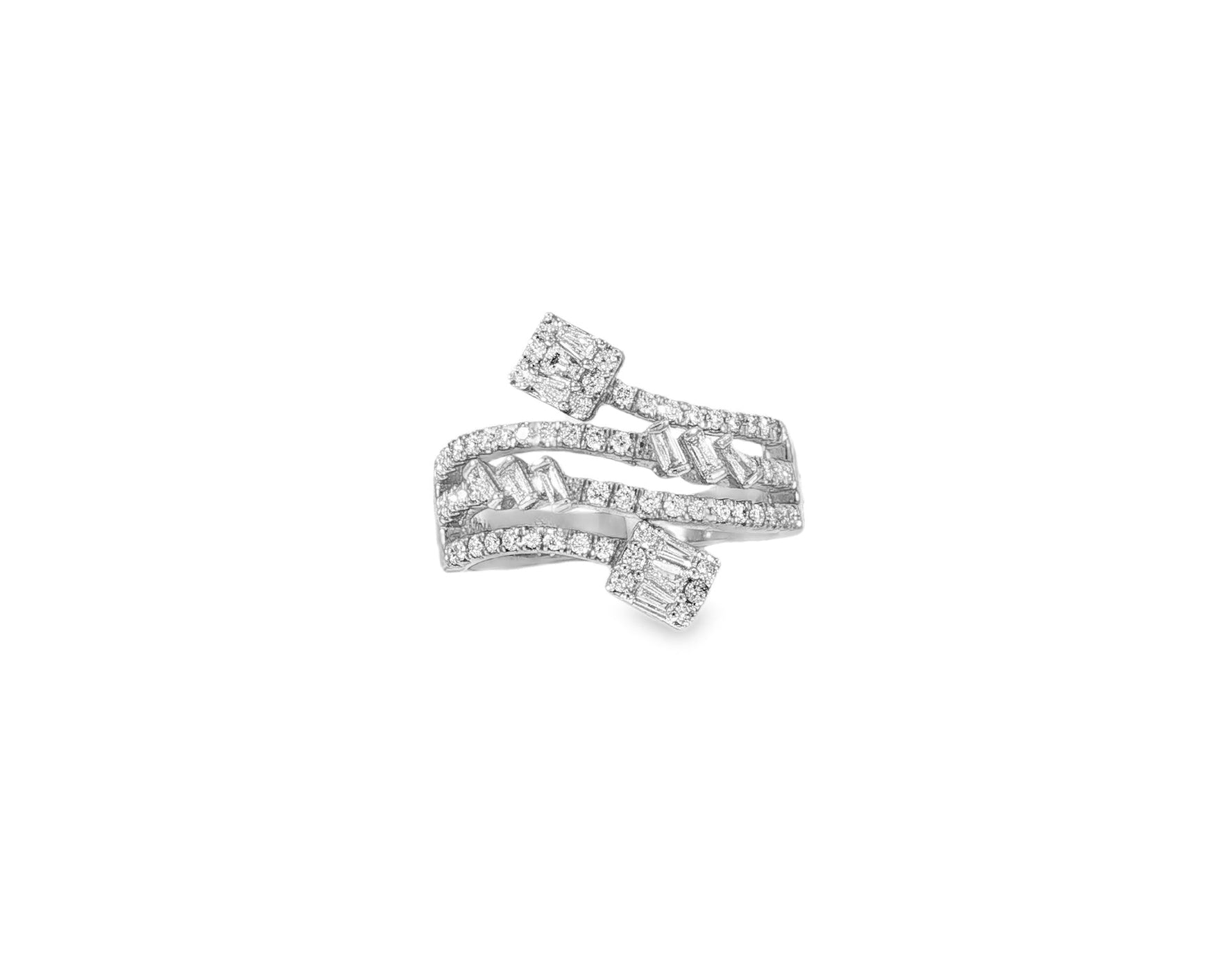 14k Gold Diamond Bypass Ring with Square Cluster & Baguette 0.75ct - AVI THE JEWELER