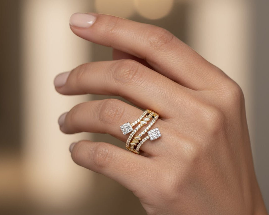 14k Gold Diamond Bypass Ring with Square Cluster & Baguette 0.75ct - AVI THE JEWELER