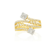 14k Gold Diamond Bypass Ring with Square Cluster & Baguette 0.75ct