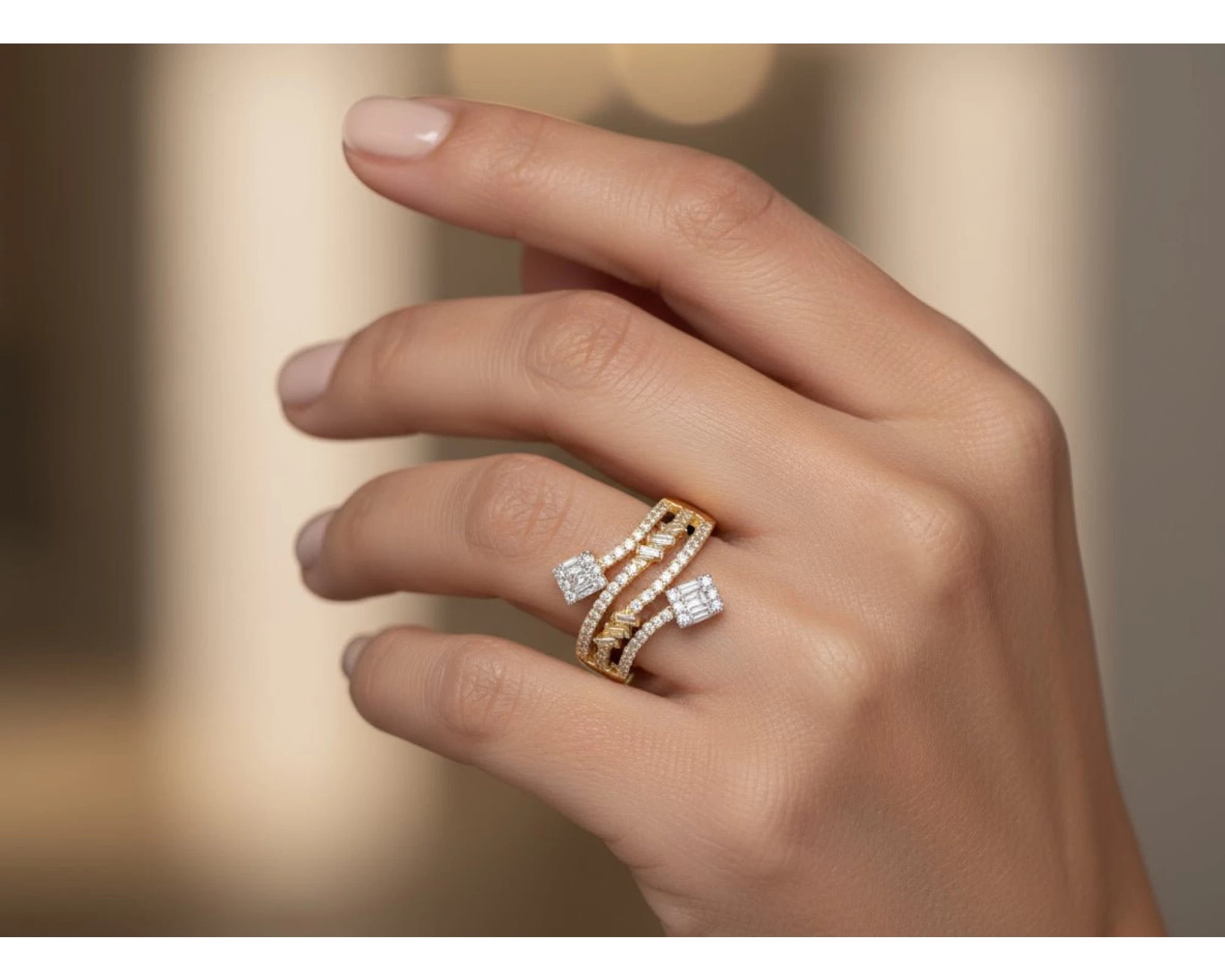 14k Gold Diamond Bypass Ring with Square Cluster & Baguette 0.75ct – view 2
