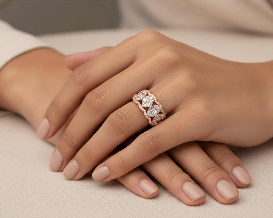 14k Gold Diamond Chain - Link Band Ring with Baguette & Round 1.45ct - AVI THE JEWELER