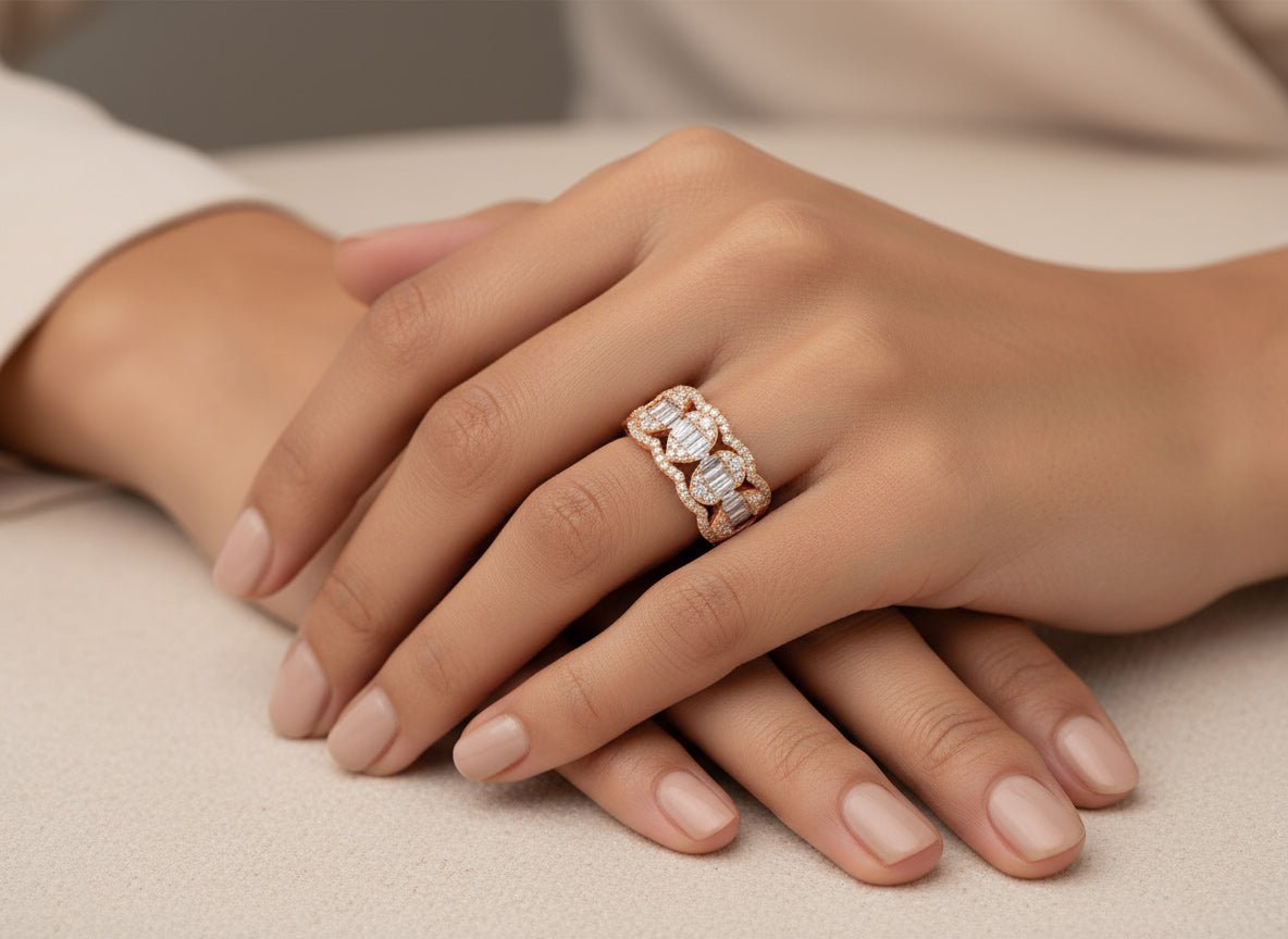 14k Gold Diamond Chain - Link Band Ring with Baguette & Round 1.45ct - AVI THE JEWELER