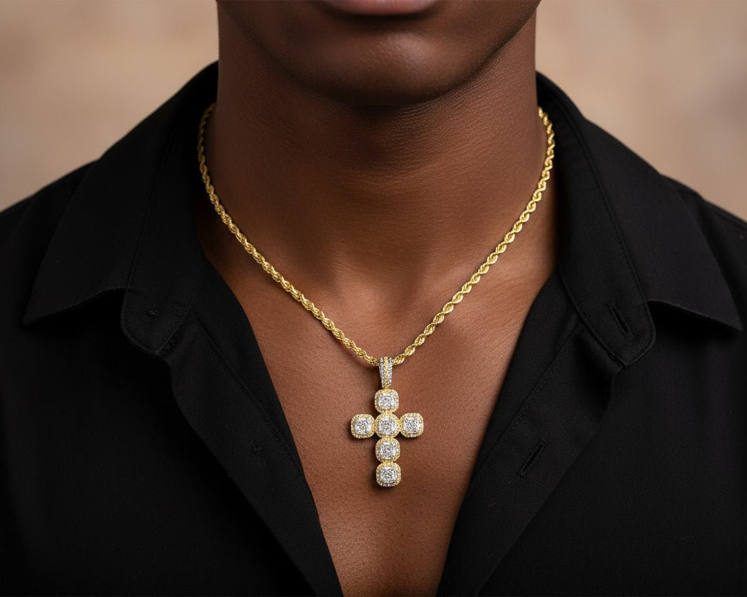 14k Gold Diamond Cross Pendant with Cushion - Shape Cluster Design 1.40ct - AVI THE JEWELER