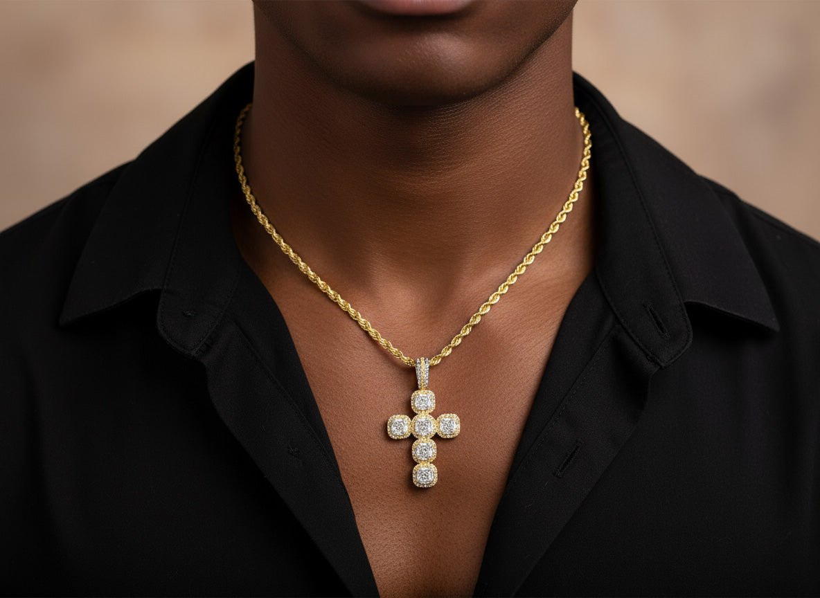 14k Gold Diamond Cross Pendant with Cushion - Shape Cluster Design 1.40ct - AVI THE JEWELER