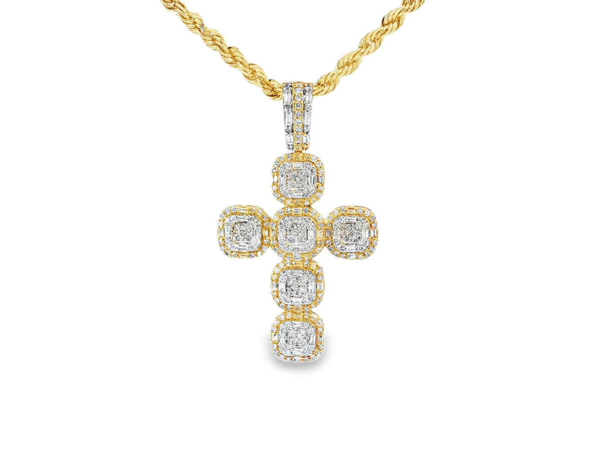 14k Gold Diamond Cross Pendant with Cushion - Shape Cluster Design 1.40ct - AVI THE JEWELER