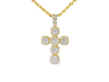 14k Gold Diamond Cross Pendant with Cushion-Shape Cluster Design 1.40ct