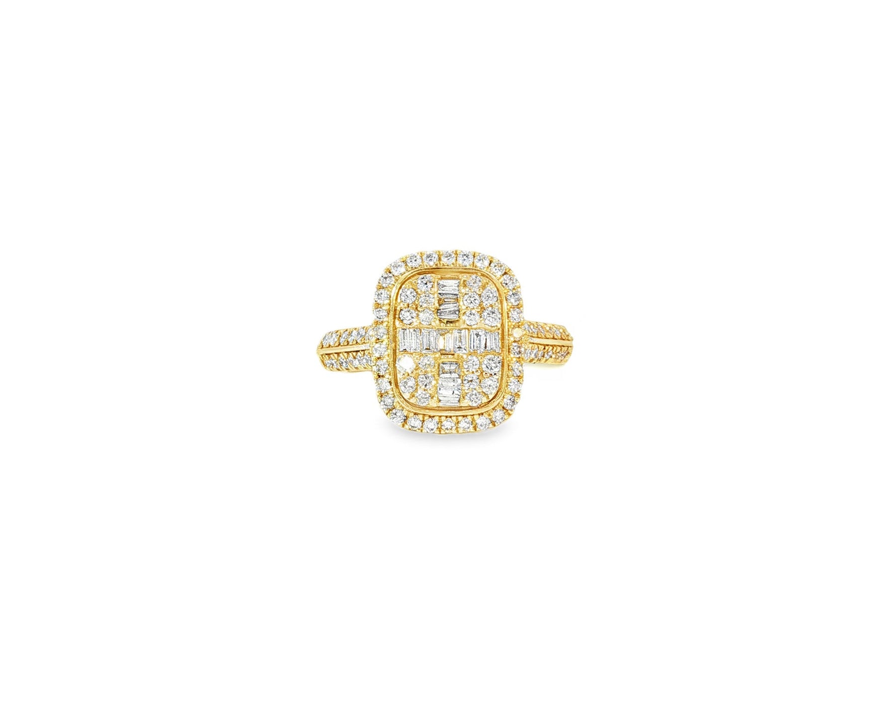 14k Gold Diamond Cushion Halo Ring with Round & Baguette 0.90ct - AVI THE JEWELER