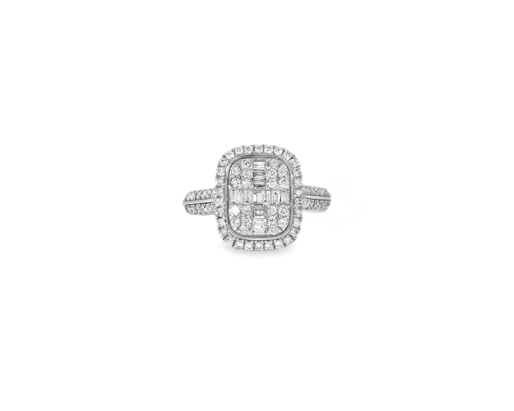 14k Gold Diamond Cushion Halo Ring with Round & Baguette 0.90ct - AVI THE JEWELER
