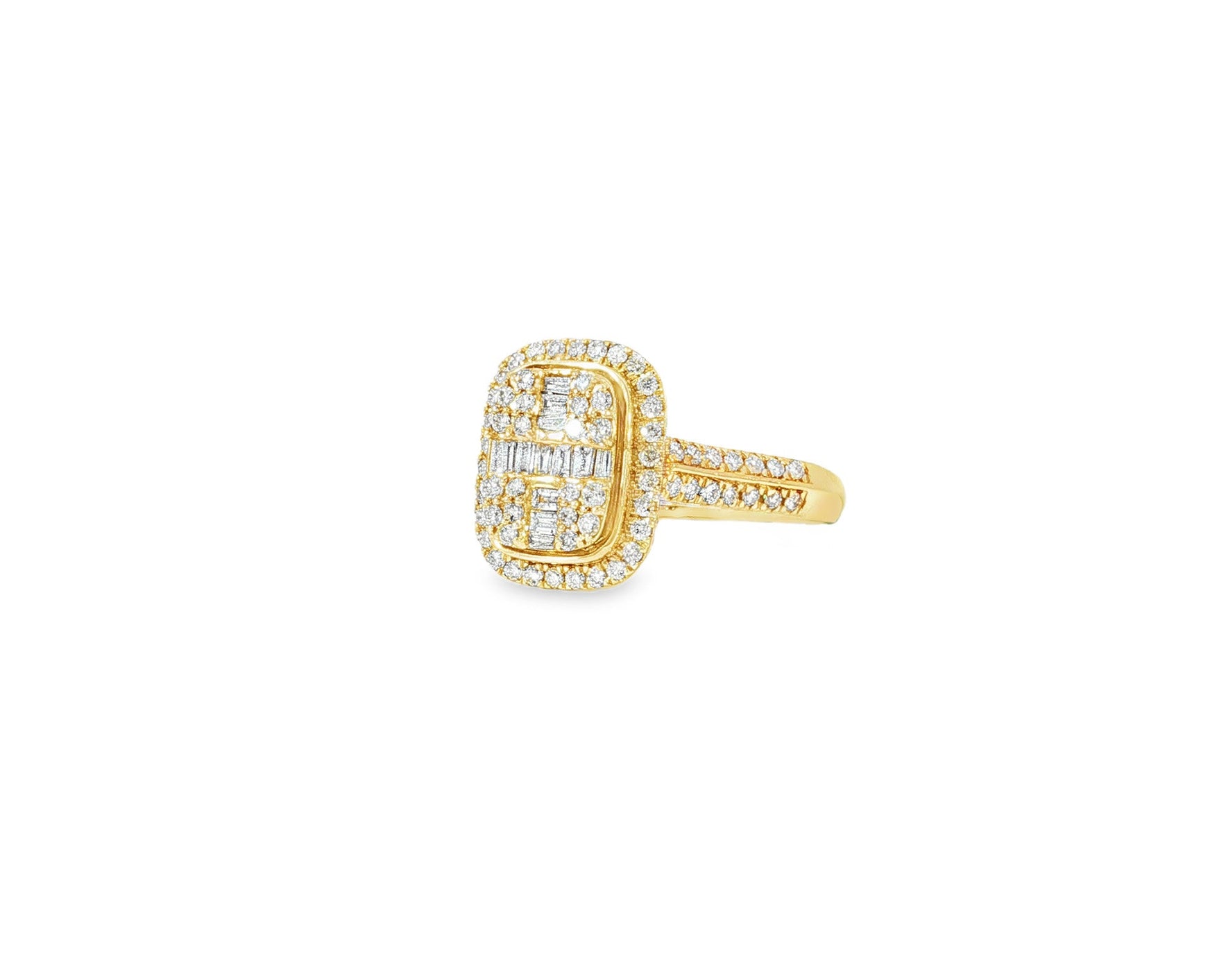 14k Gold Diamond Cushion Halo Ring with Round & Baguette 0.90ct - AVI THE JEWELER