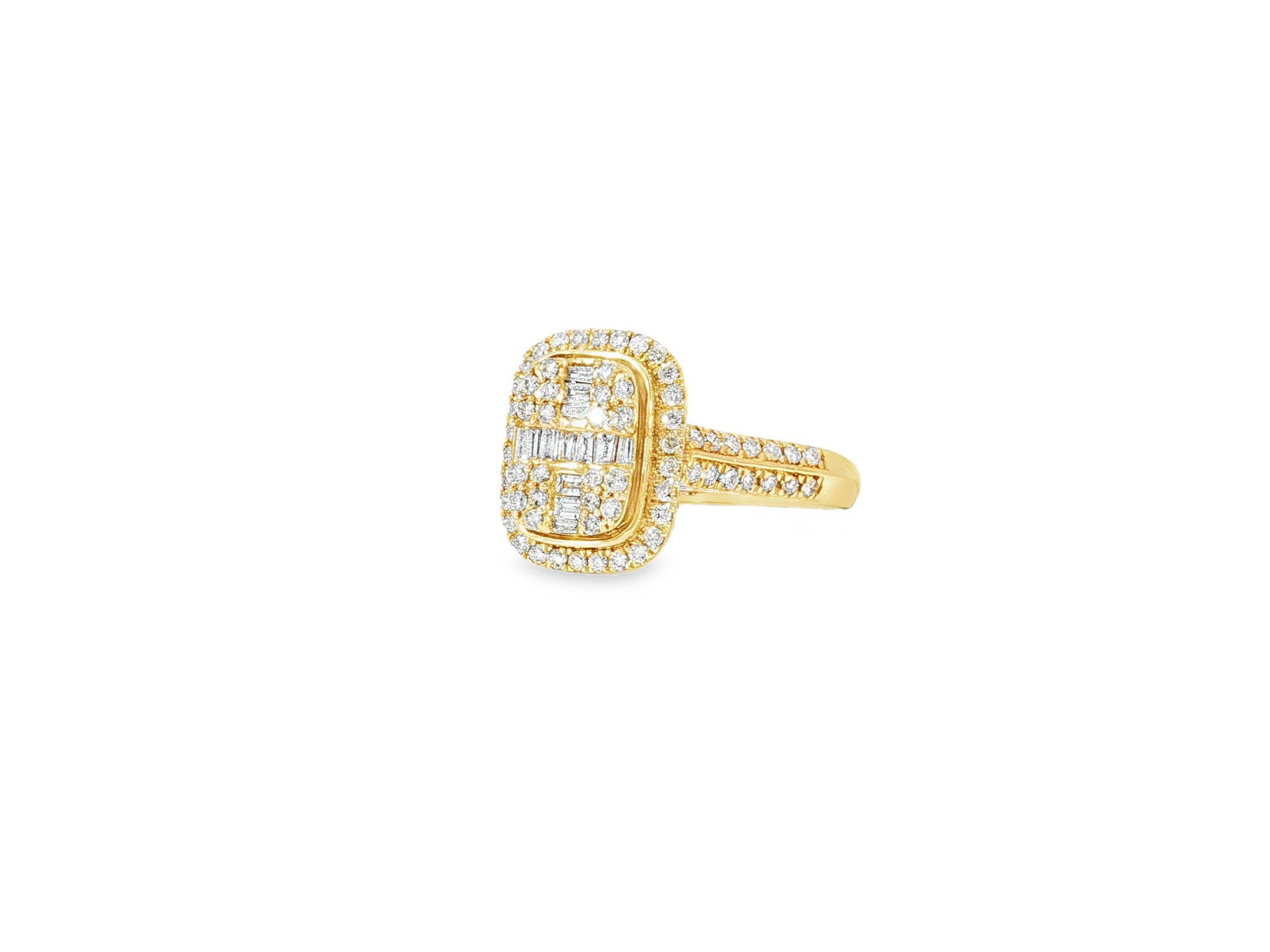 14k Gold Diamond Cushion Halo Ring with Round & Baguette 0.90ct - AVI THE JEWELER