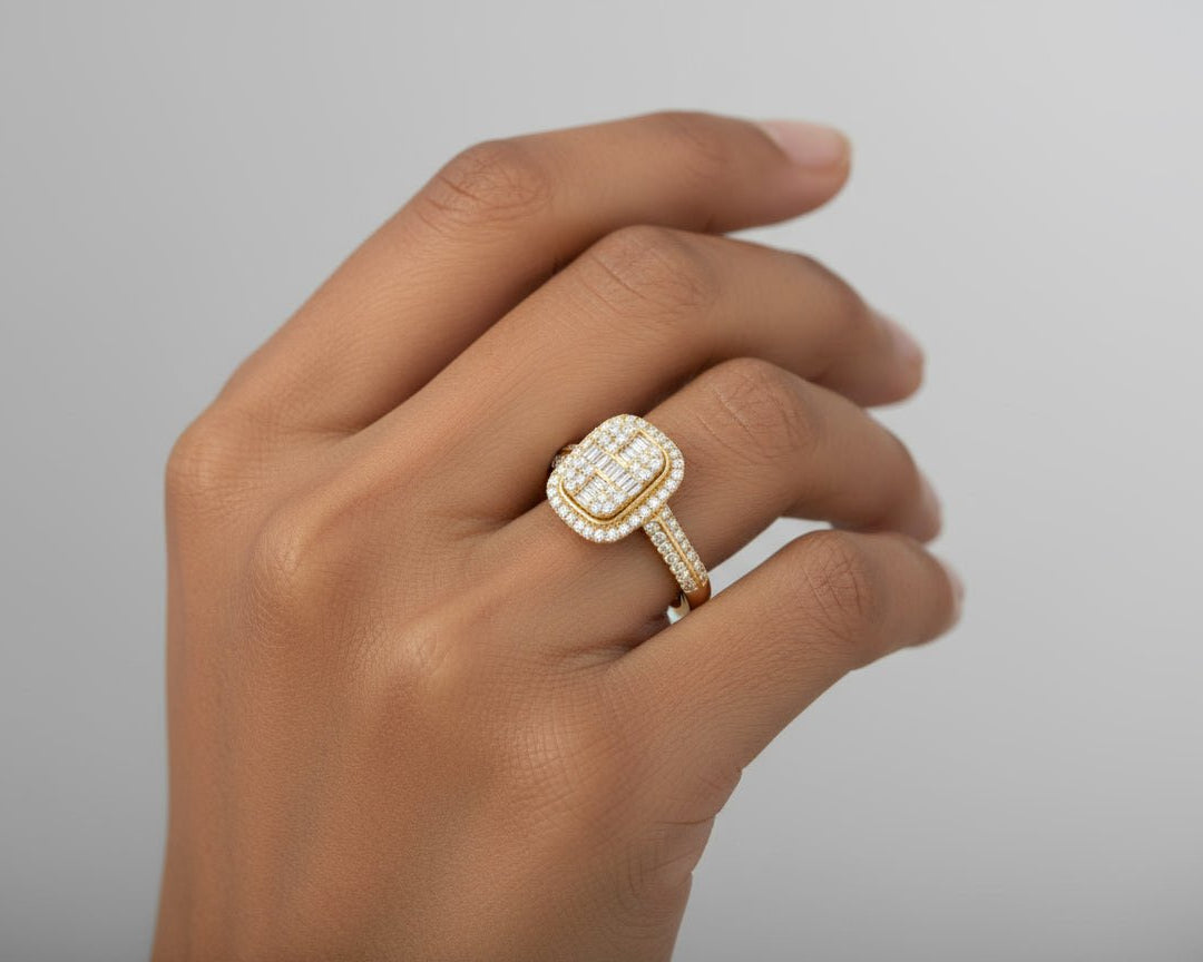 14k Gold Diamond Cushion Halo Ring with Round & Baguette 0.90ct - AVI THE JEWELER