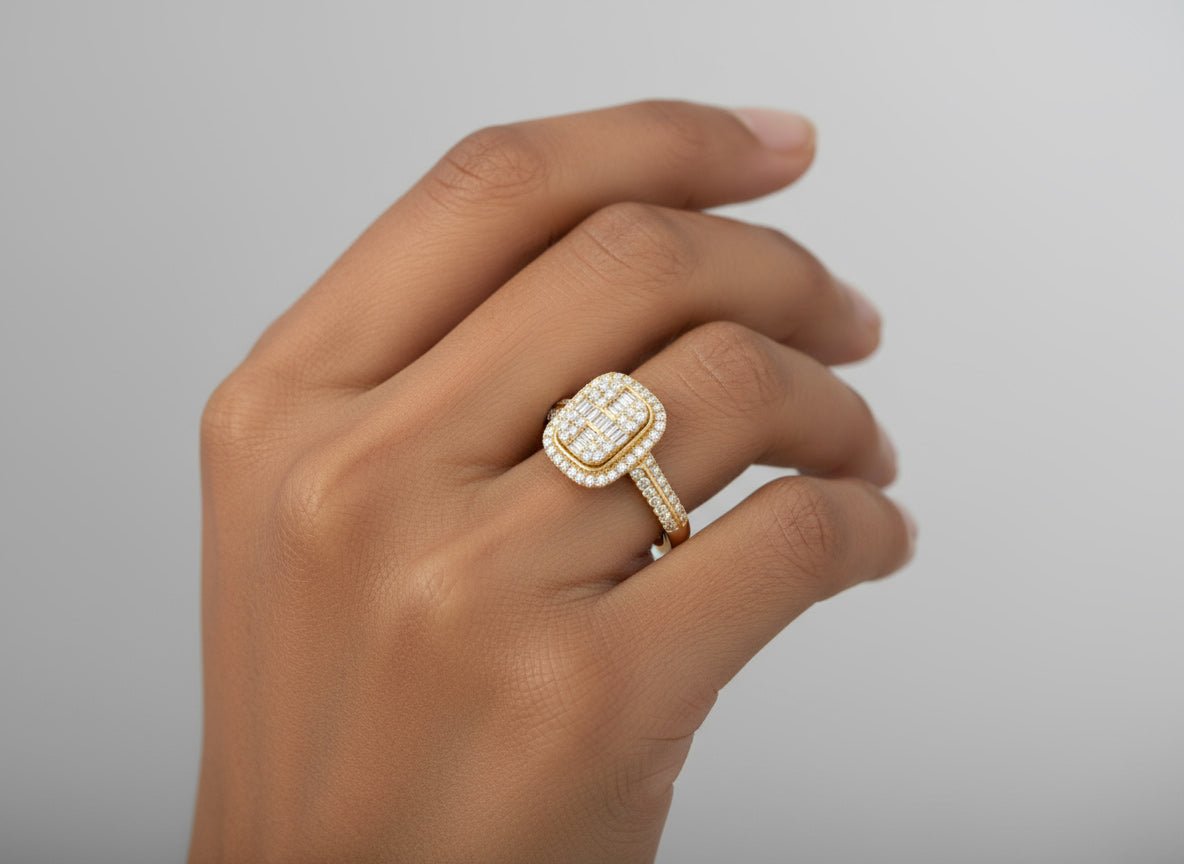 14k Gold Diamond Cushion Halo Ring with Round & Baguette 0.90ct - AVI THE JEWELER