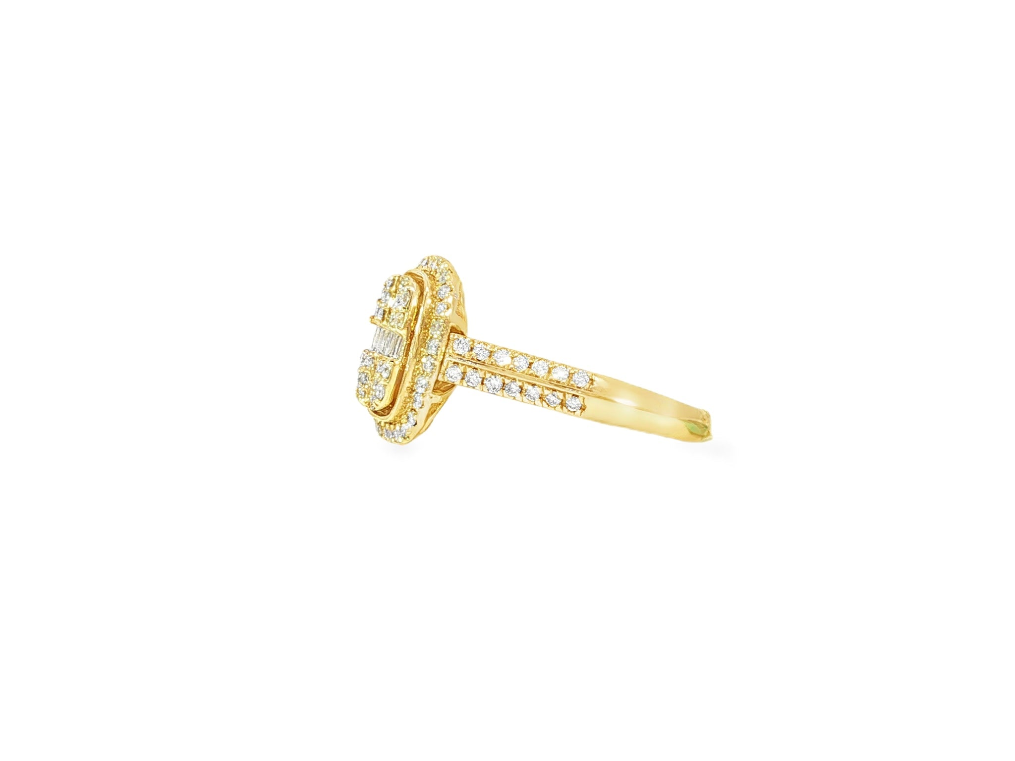 14k Gold Diamond Cushion Halo Ring with Round & Baguette 0.90ct - AVI THE JEWELER