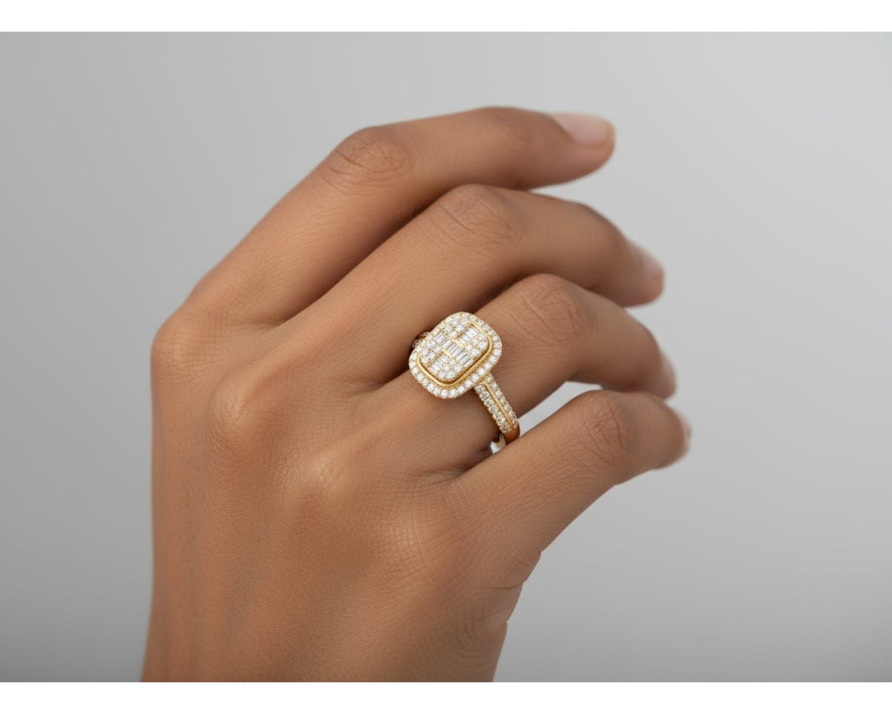 14k Gold Diamond Cushion Halo Ring with Round & Baguette 0.90ct – view 2