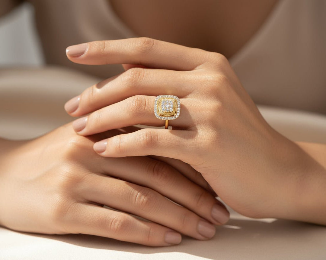 14k Gold Diamond Cushion Halo Ring with Round Cluster Center 0.55ct - AVI THE JEWELER