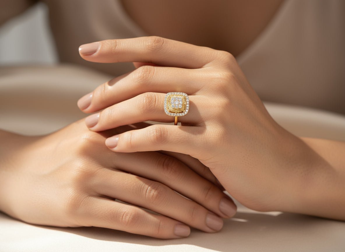 14k Gold Diamond Cushion Halo Ring with Round Cluster Center 0.55ct - AVI THE JEWELER