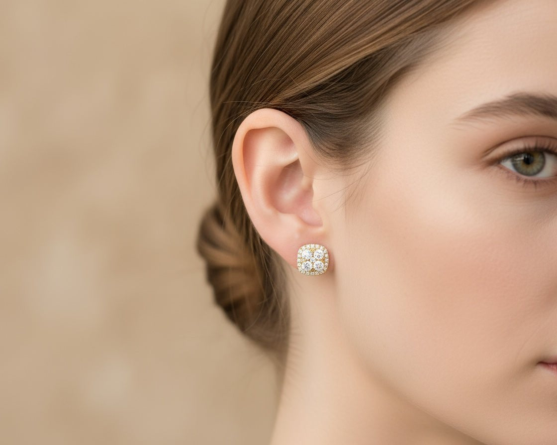 14k Gold Diamond Cushion - Shape Cluster Stud Earrings with Round - Cut Halo 1.00ct - AVI THE JEWELER