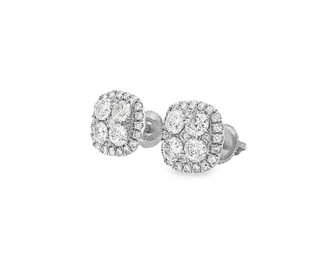 14k Gold Diamond Cushion - Shape Cluster Stud Earrings with Round - Cut Halo 1.00ct - AVI THE JEWELER