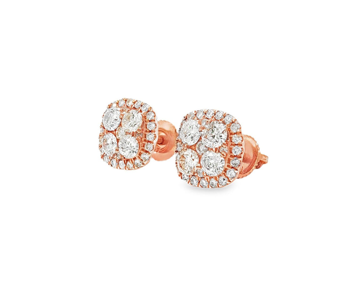 14k Gold Diamond Cushion - Shape Cluster Stud Earrings with Round - Cut Halo 1.00ct - AVI THE JEWELER