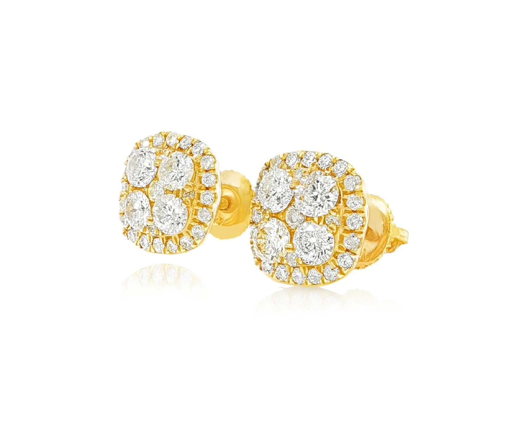 14k Gold Diamond Cushion-Shape Cluster Stud Earrings with Round-Cut Halo 1.00ct – lifestyle 3764