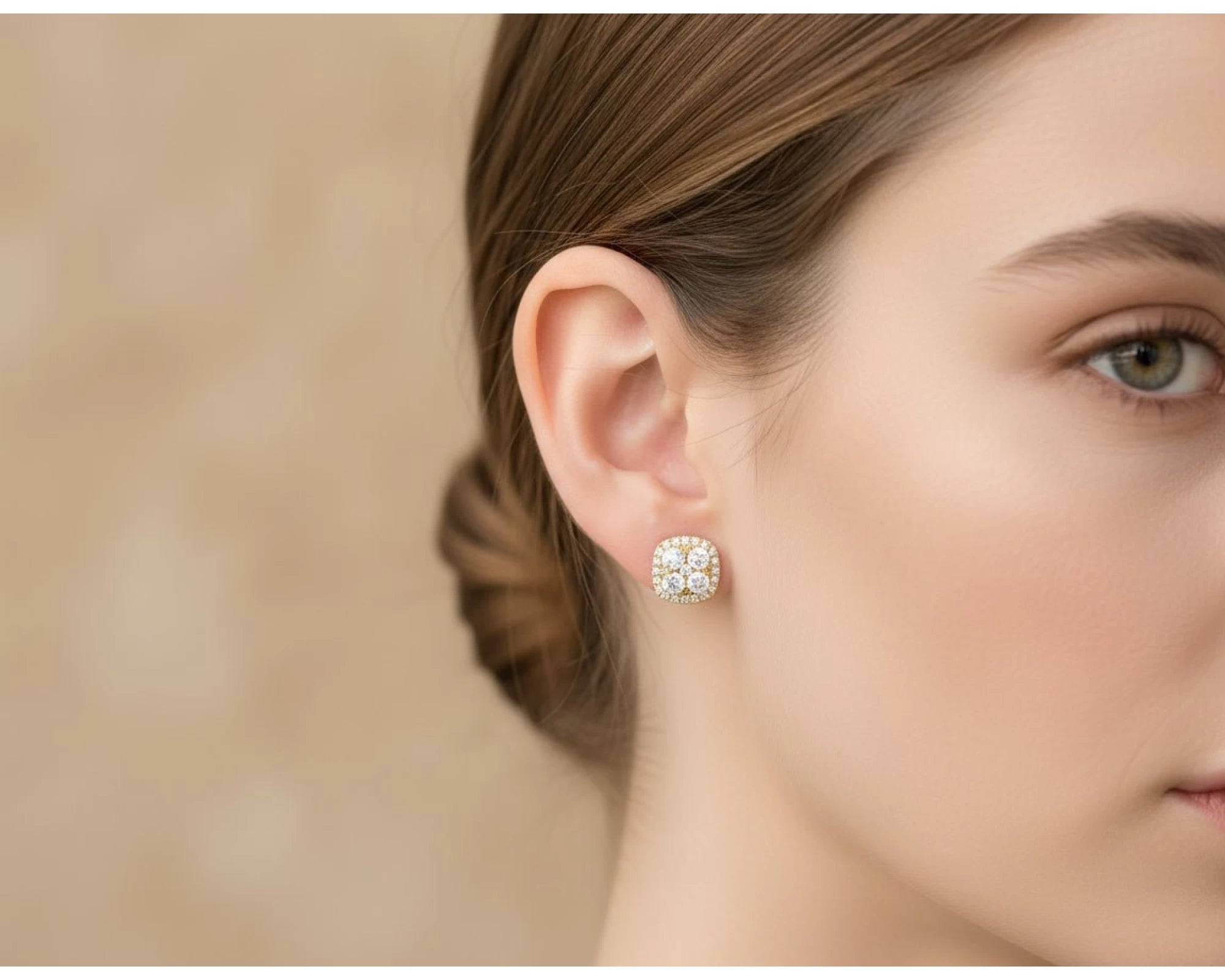 14k Gold Diamond Cushion-Shape Cluster Stud Earrings with Round-Cut Halo 1.00ct – view 2