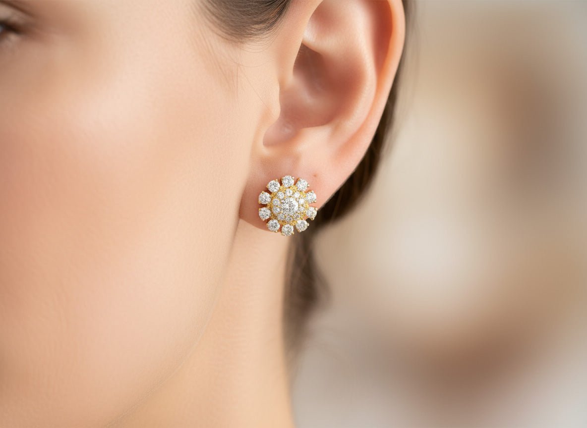 14k Gold Diamond Earrings with Round Cluster Floral Design 1.06ct - AVI THE JEWELER