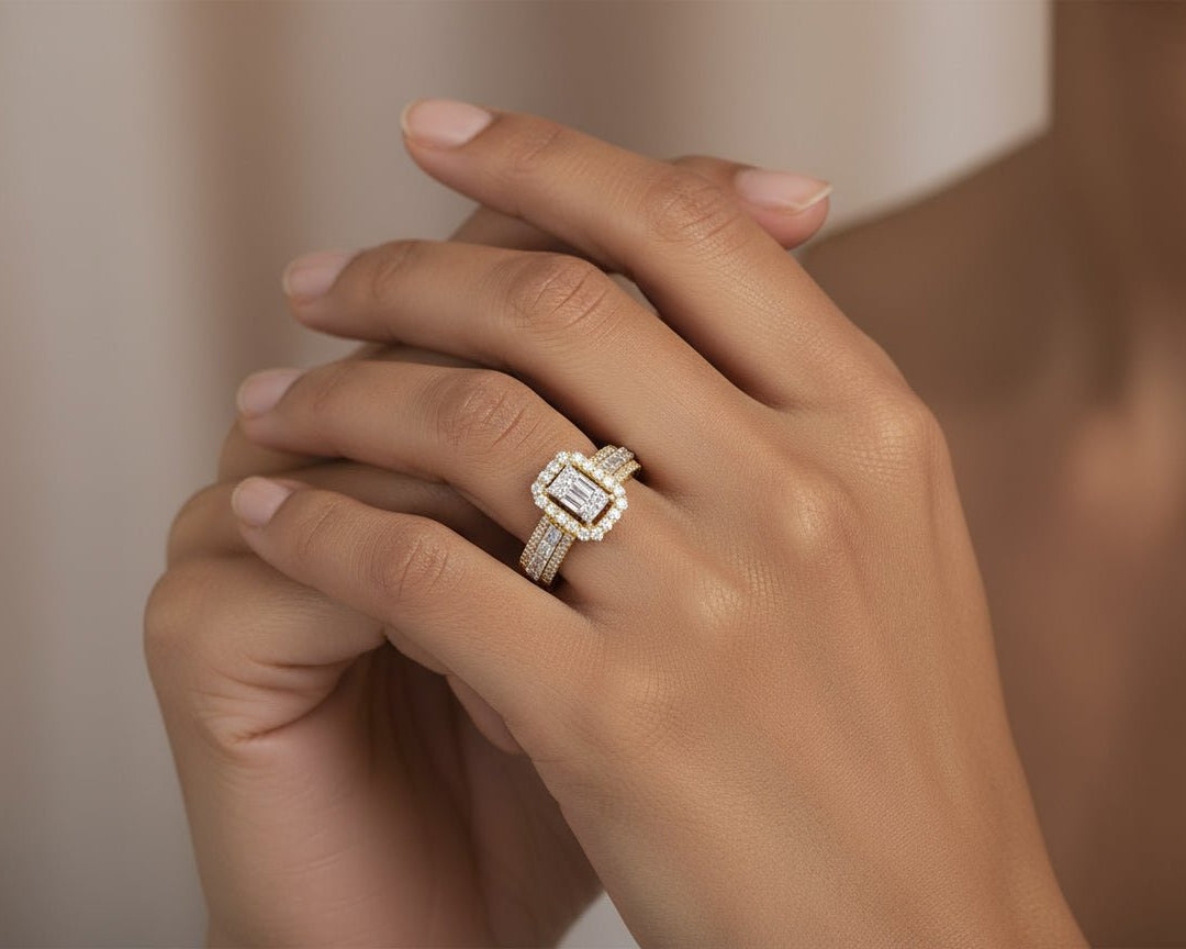 14k Gold Diamond Emerald - Cut Halo Ring with Baguette Accents 1.00ct - AVI THE JEWELER