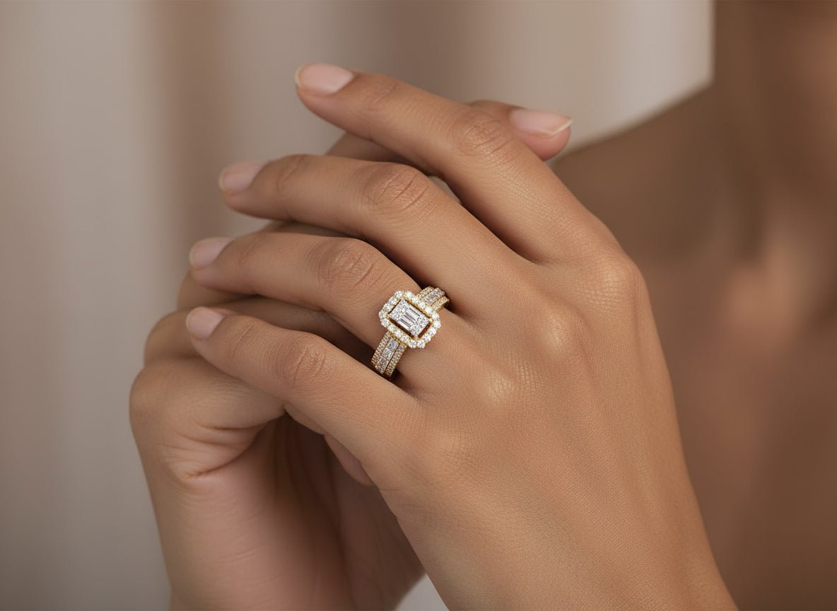 14k Gold Diamond Emerald - Cut Halo Ring with Baguette Accents 1.00ct - AVI THE JEWELER