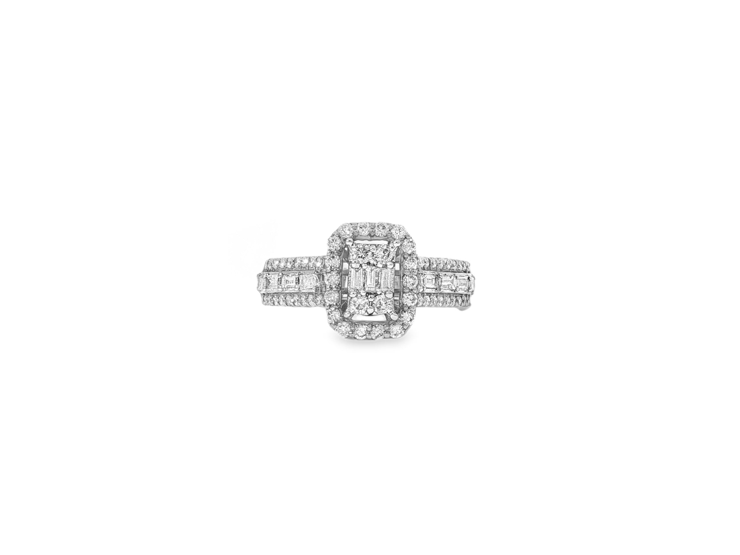 14k Gold Diamond Emerald - Cut Halo Ring with Baguette Accents 1.00ct - AVI THE JEWELER