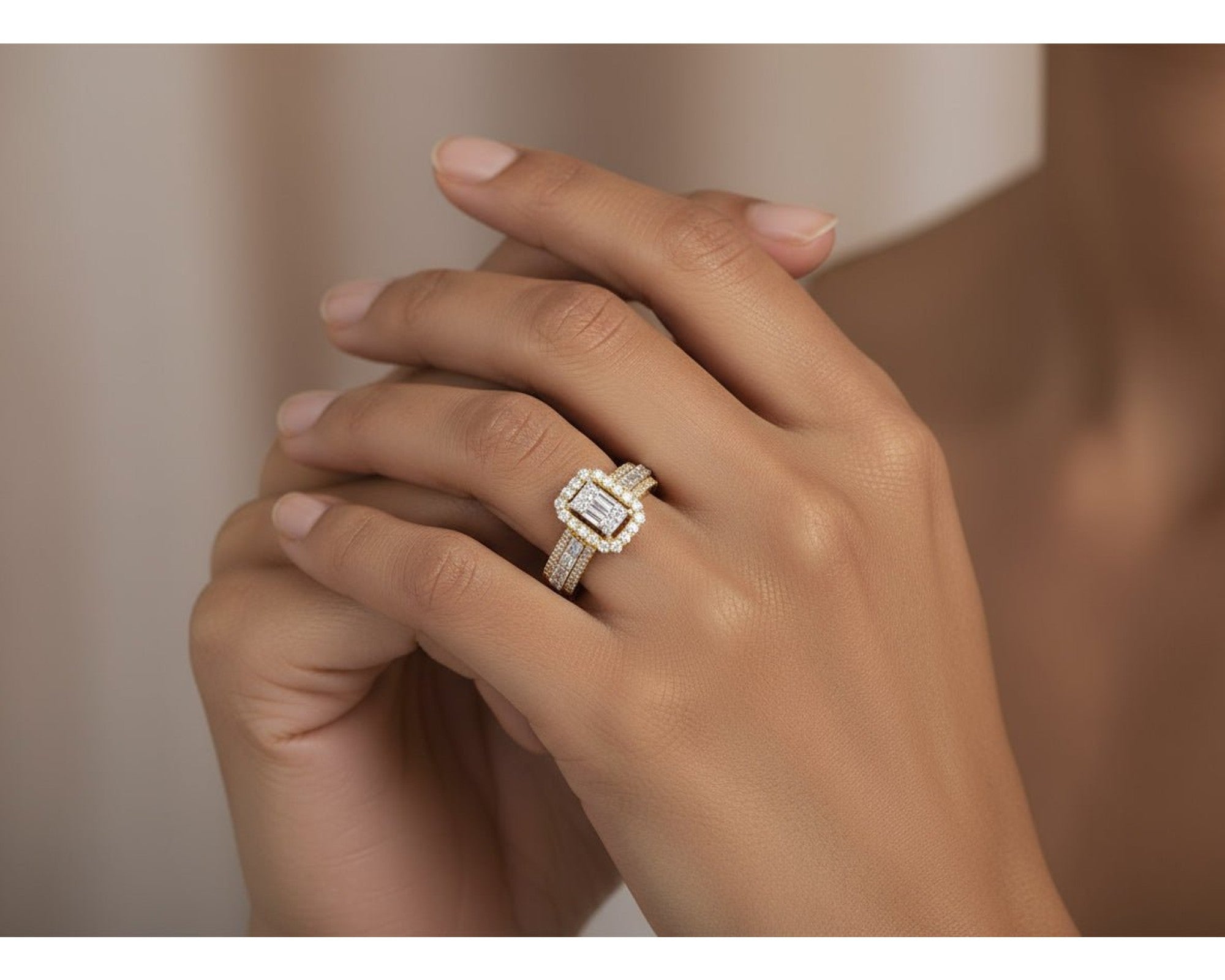 14k Gold Diamond Emerald-Cut Halo Ring with Baguette Accents 1.00ct – view 2