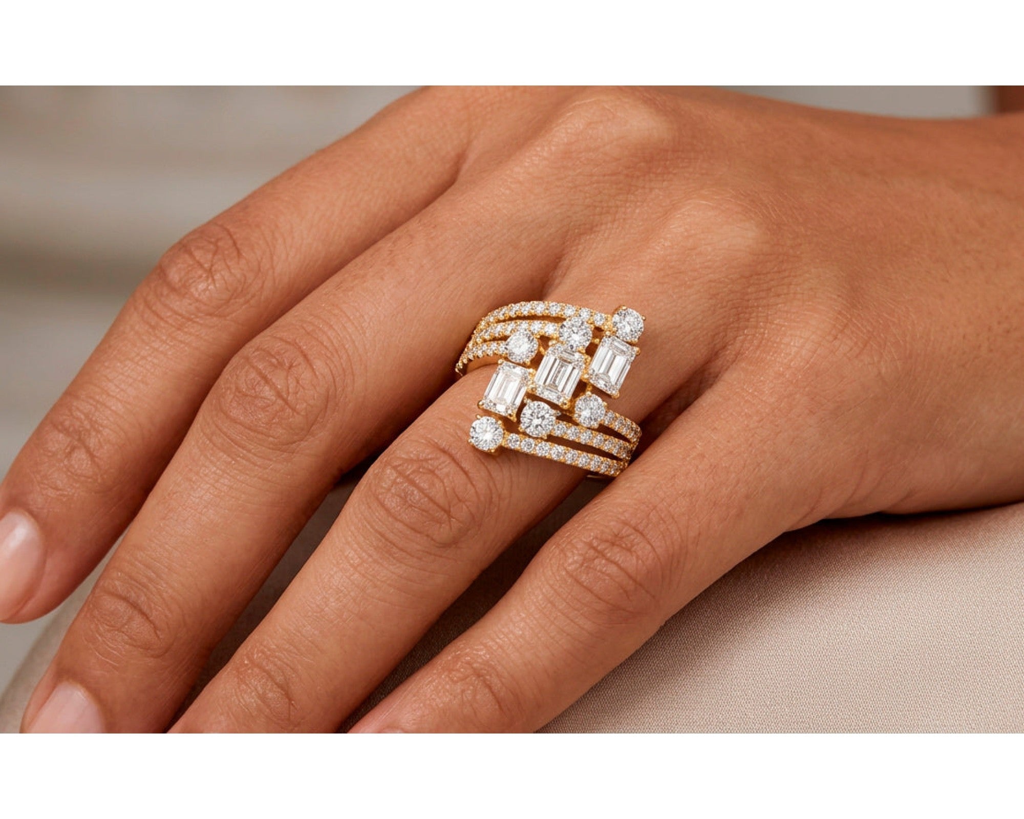 14K Gold Diamond Emerald & Round Multi Wrap Ring 2.65 CT – view 2