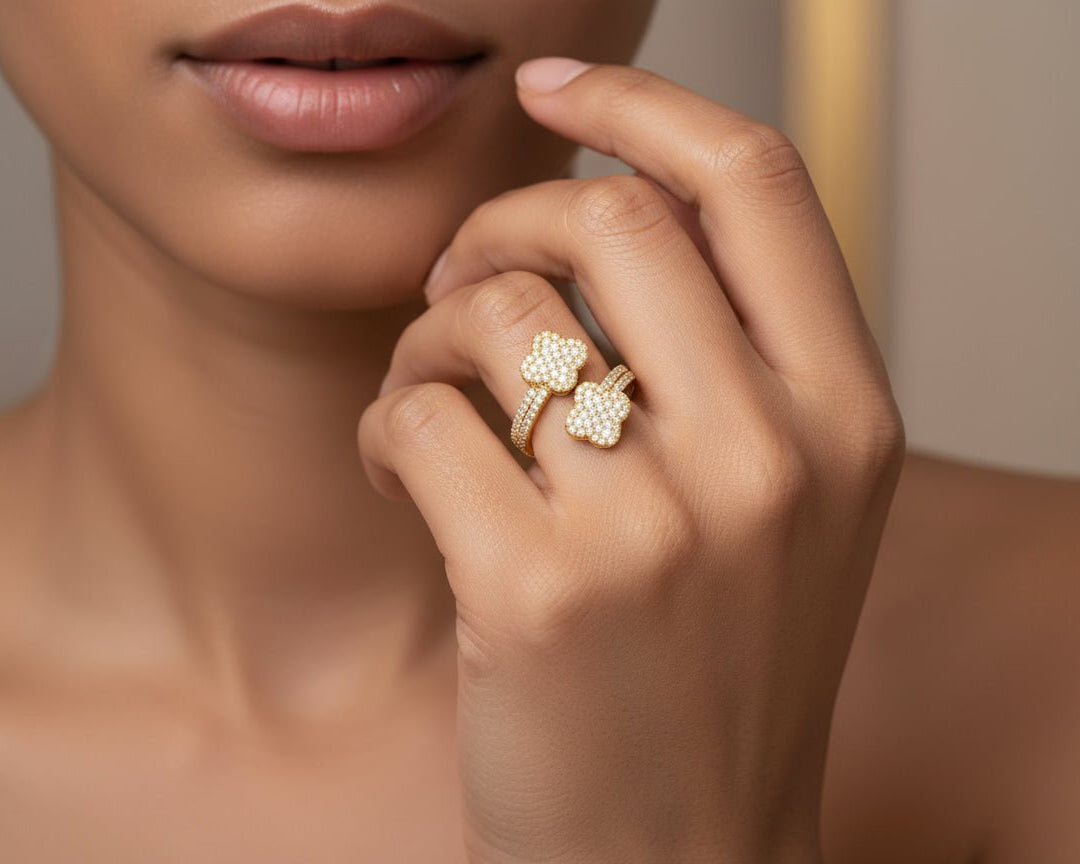 14k Gold Diamond Floral Bypass Ring with Pave Clover Design 1.25ct - AVI THE JEWELER