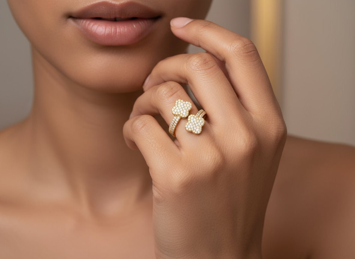 14k Gold Diamond Floral Bypass Ring with Pave Clover Design 1.25ct - AVI THE JEWELER