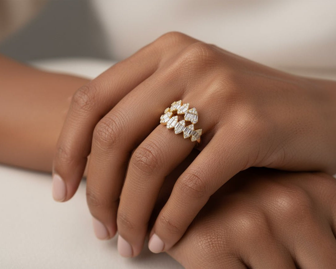 14k Gold Diamond Floral Eternity Ring with Baguette & Round 1.10ct - AVI THE JEWELER