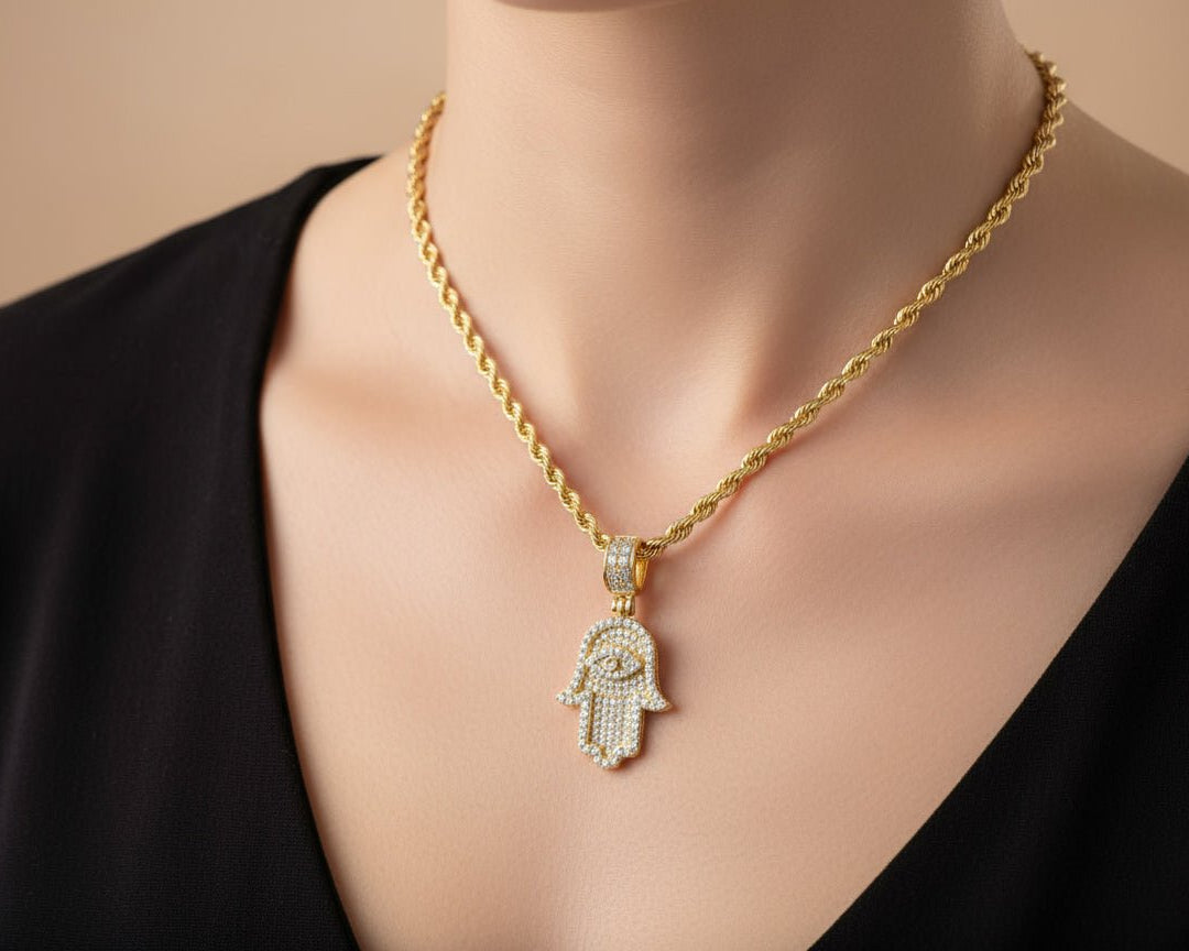 14k Gold Diamond Hamsa Hand Pendant with Round - Cut Design 0.90ct - AVI THE JEWELER