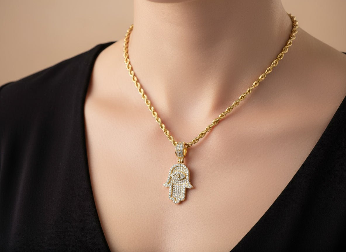 14k Gold Diamond Hamsa Hand Pendant with Round - Cut Design 0.90ct - AVI THE JEWELER