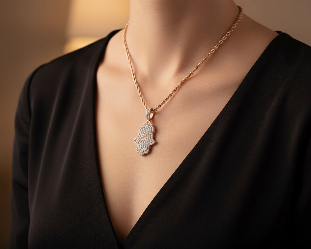 14k Gold Diamond Hamsa Pendant with Full Pave Round - Cut Design 2.19ct - AVI THE JEWELER