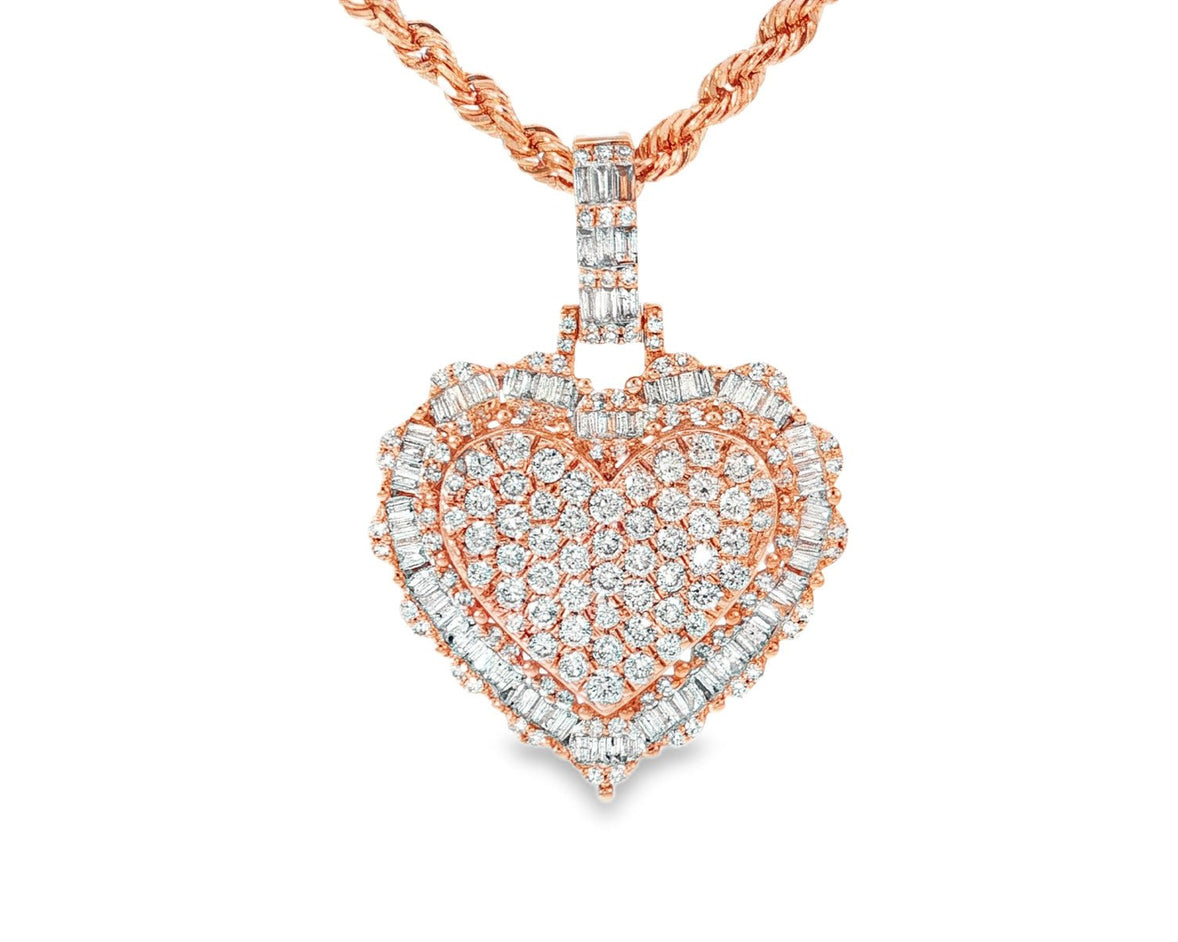14k Gold Diamond Heart Pendant with Round & Baguette - Cut Accents 2.50ct - AVI THE JEWELER