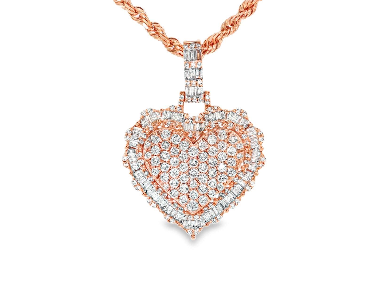 14k Gold Diamond Heart Pendant with Round & Baguette - Cut Accents 2.50ct - AVI THE JEWELER