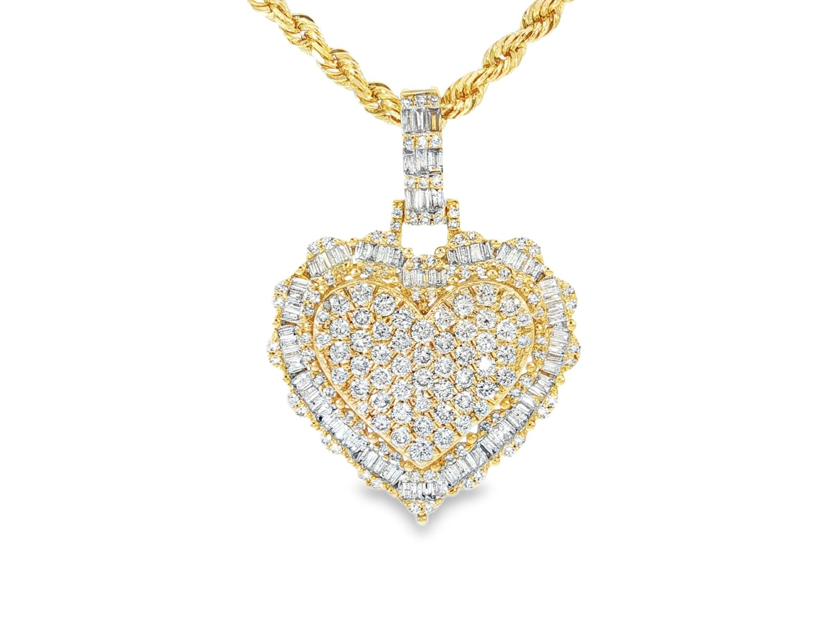 14k Gold Diamond Heart Pendant with Round & Baguette - Cut Accents 2.50ct - AVI THE JEWELER