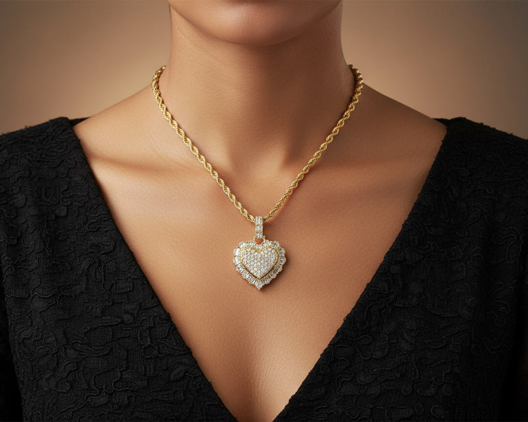 14k Gold Diamond Heart Pendant with Round & Baguette - Cut Accents 2.50ct - AVI THE JEWELER