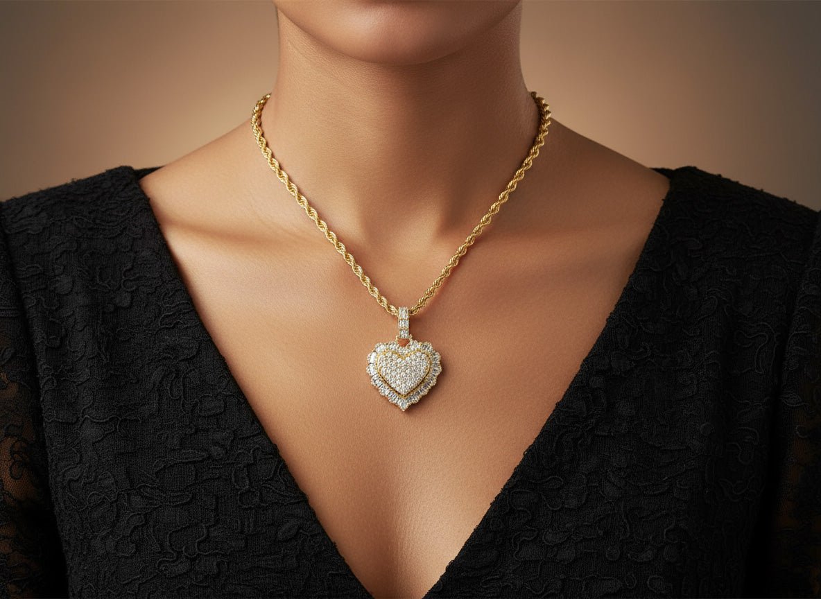 14k Gold Diamond Heart Pendant with Round & Baguette - Cut Accents 2.50ct - AVI THE JEWELER