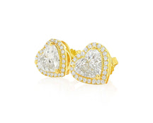 14k Gold Diamond Heart-Shaped Stud Earrings with Halo Design 3.65c