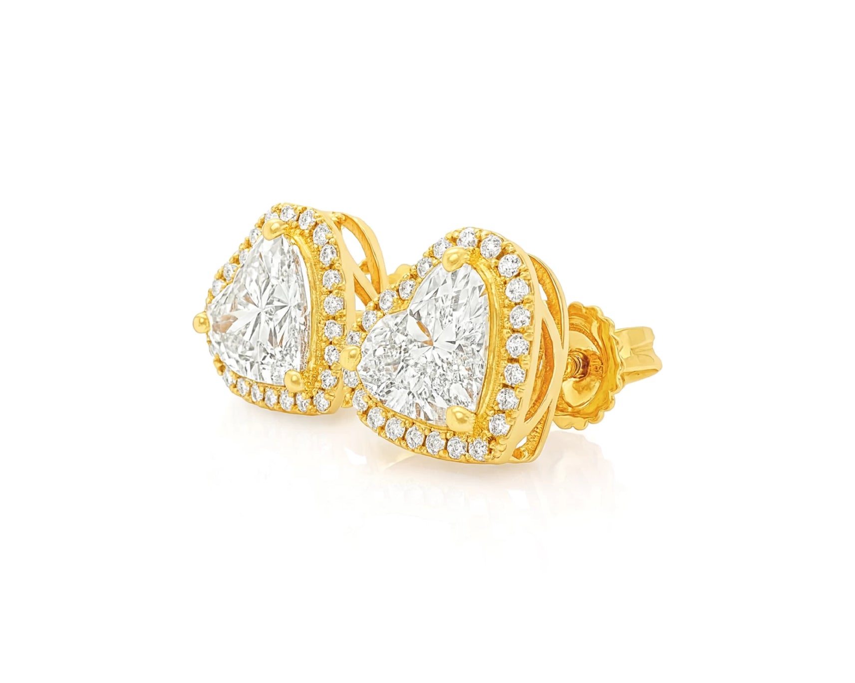 14k Gold Diamond Heart-Shaped Stud Earrings with Halo Design 3.65c – lifestyle 3356