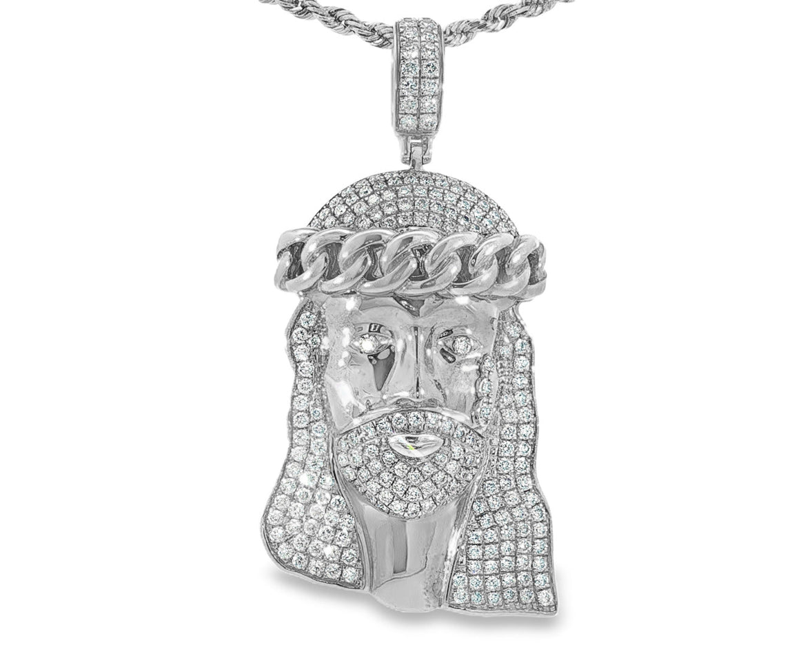 14k Gold Diamond Jesus Face Pendant with Cuban Link Crown 4.0ct - AVI THE JEWELER