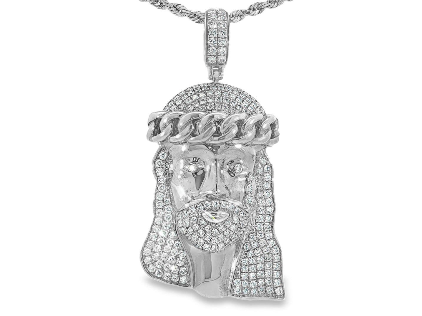 14k Gold Diamond Jesus Face Pendant with Cuban Link Crown 4.0ct - AVI THE JEWELER