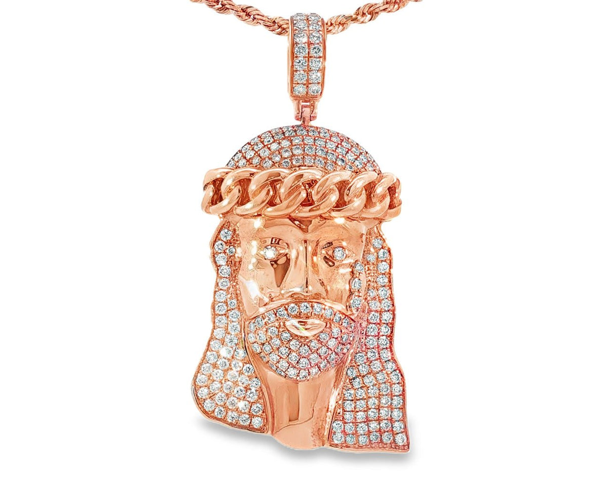 14k Gold Diamond Jesus Face Pendant with Cuban Link Crown 4.0ct - AVI THE JEWELER