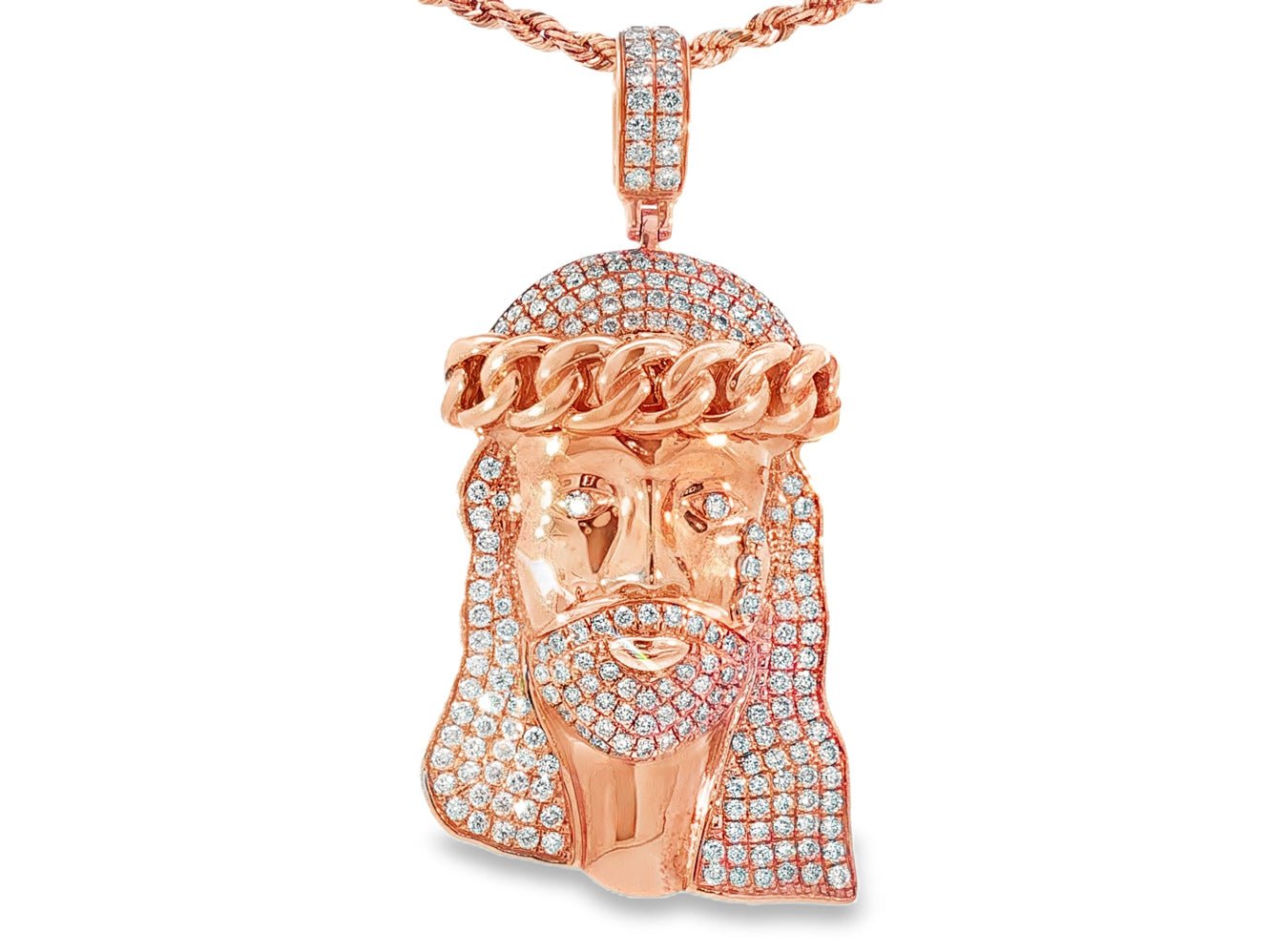 14k Gold Diamond Jesus Face Pendant with Cuban Link Crown 4.0ct - AVI THE JEWELER
