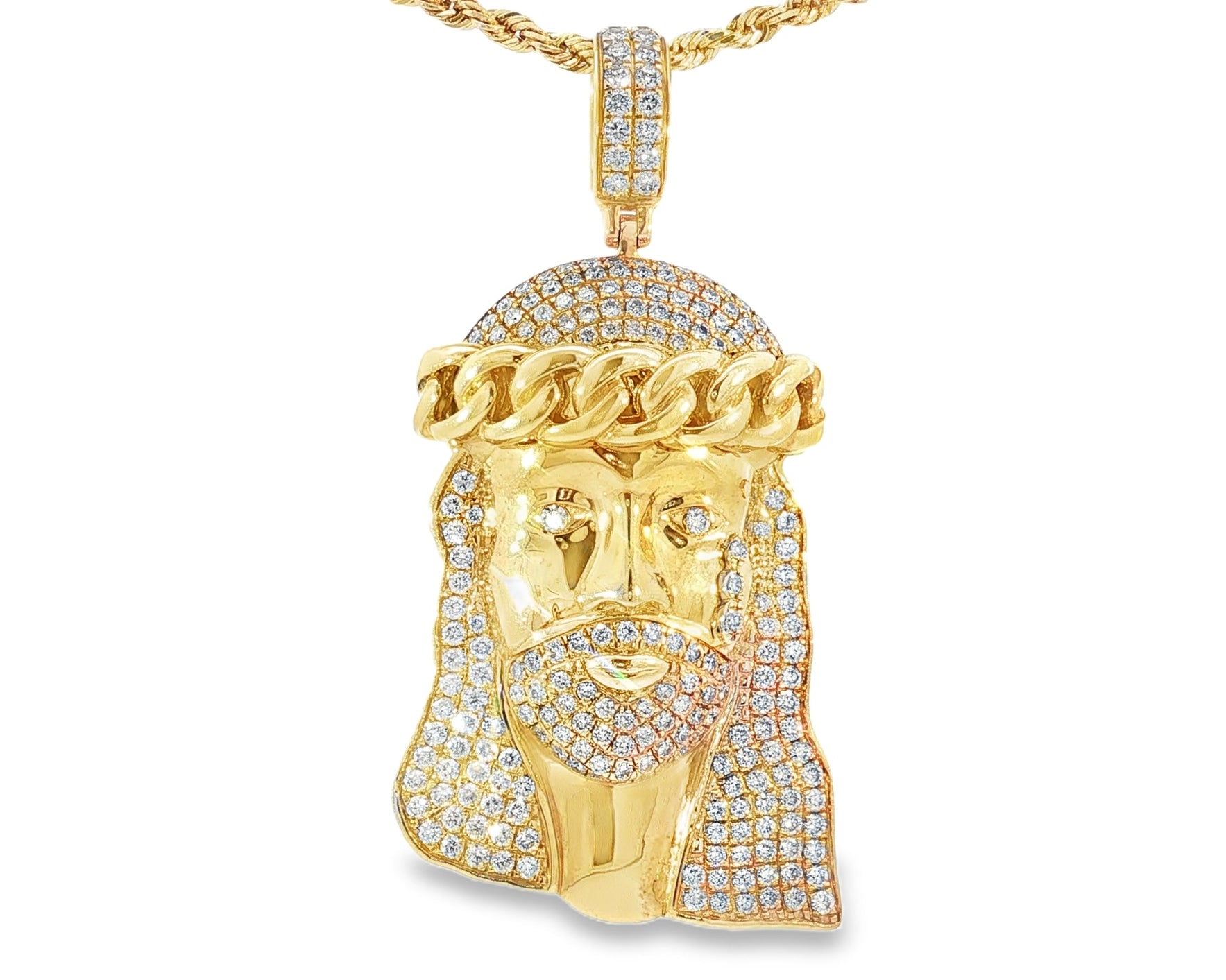 14k Gold Diamond Jesus Face Pendant with Cuban Link Crown 4.0ct - AVI THE JEWELER